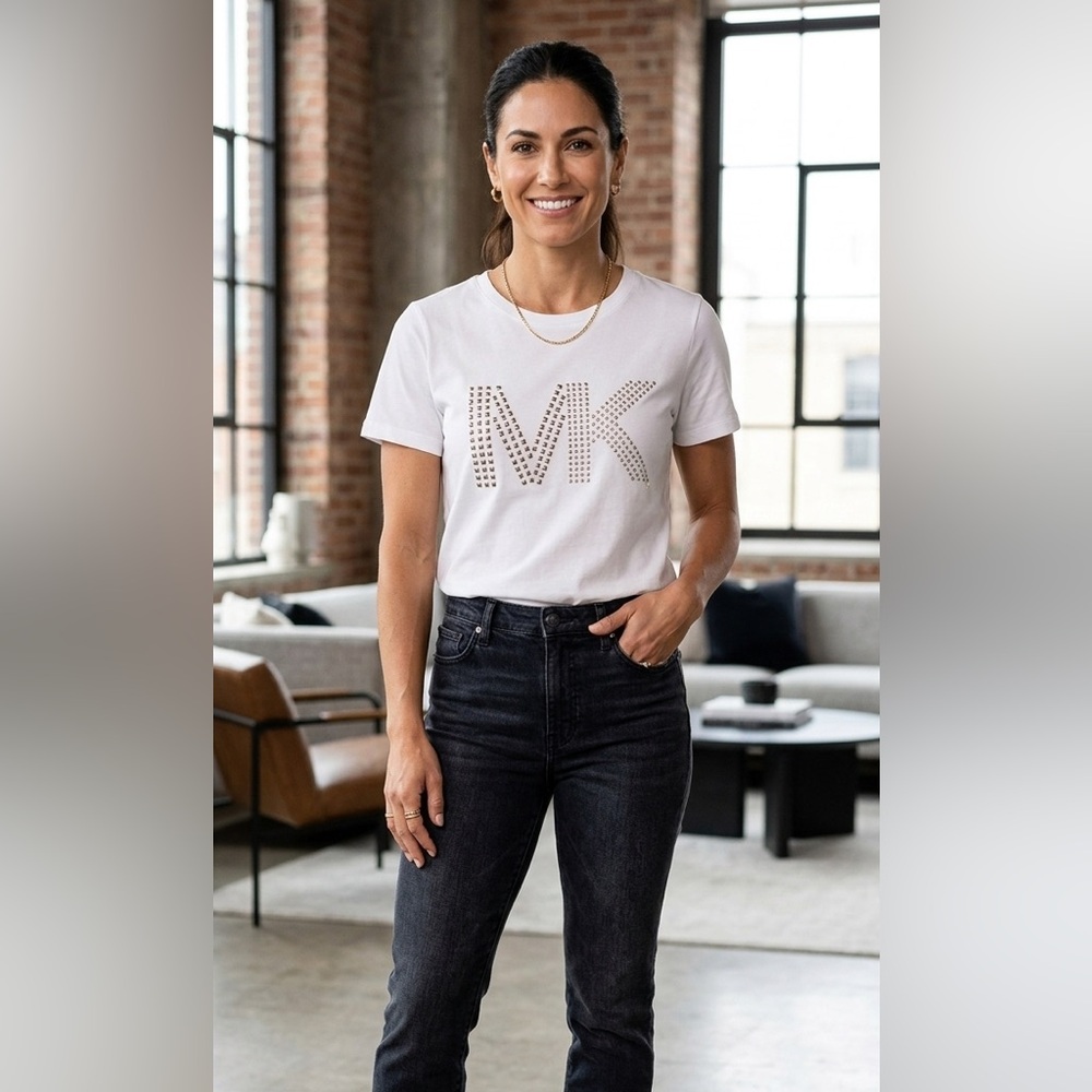 New Michael Kors Cotton Modal t shirt top MK Gold Studded logo Size M White